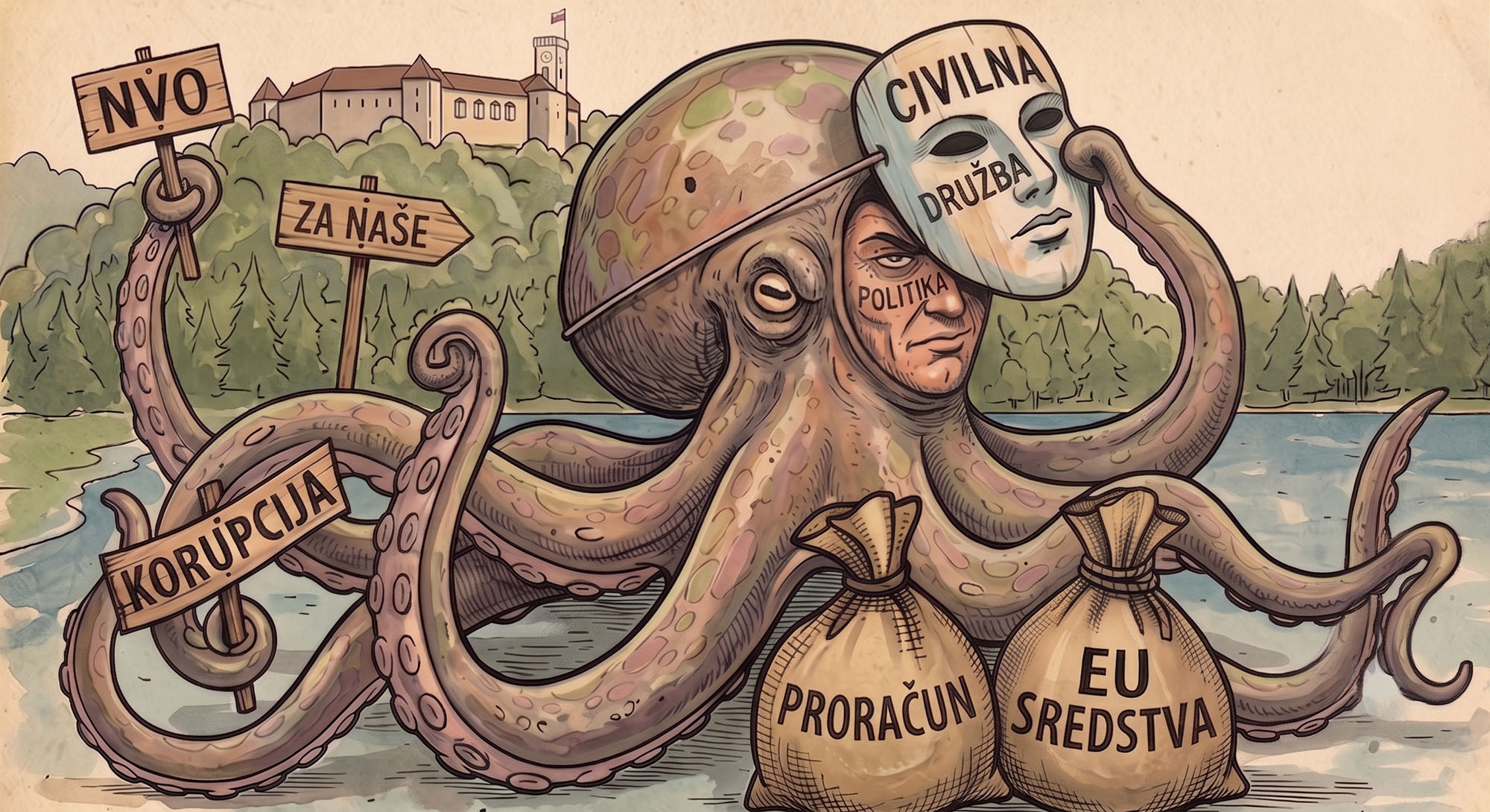 Hobotnica s politikovim obrazom si nadeva masko civilne družbe; lovke držijo table NVO, Za naše in Korupcija ter vreči Proračun in EU sredstva, v ozadju Ljubljanski grad.