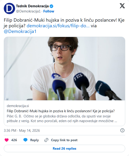 Arhiviran posnetek objave: Tednik Demokracija (@Demokracija1)